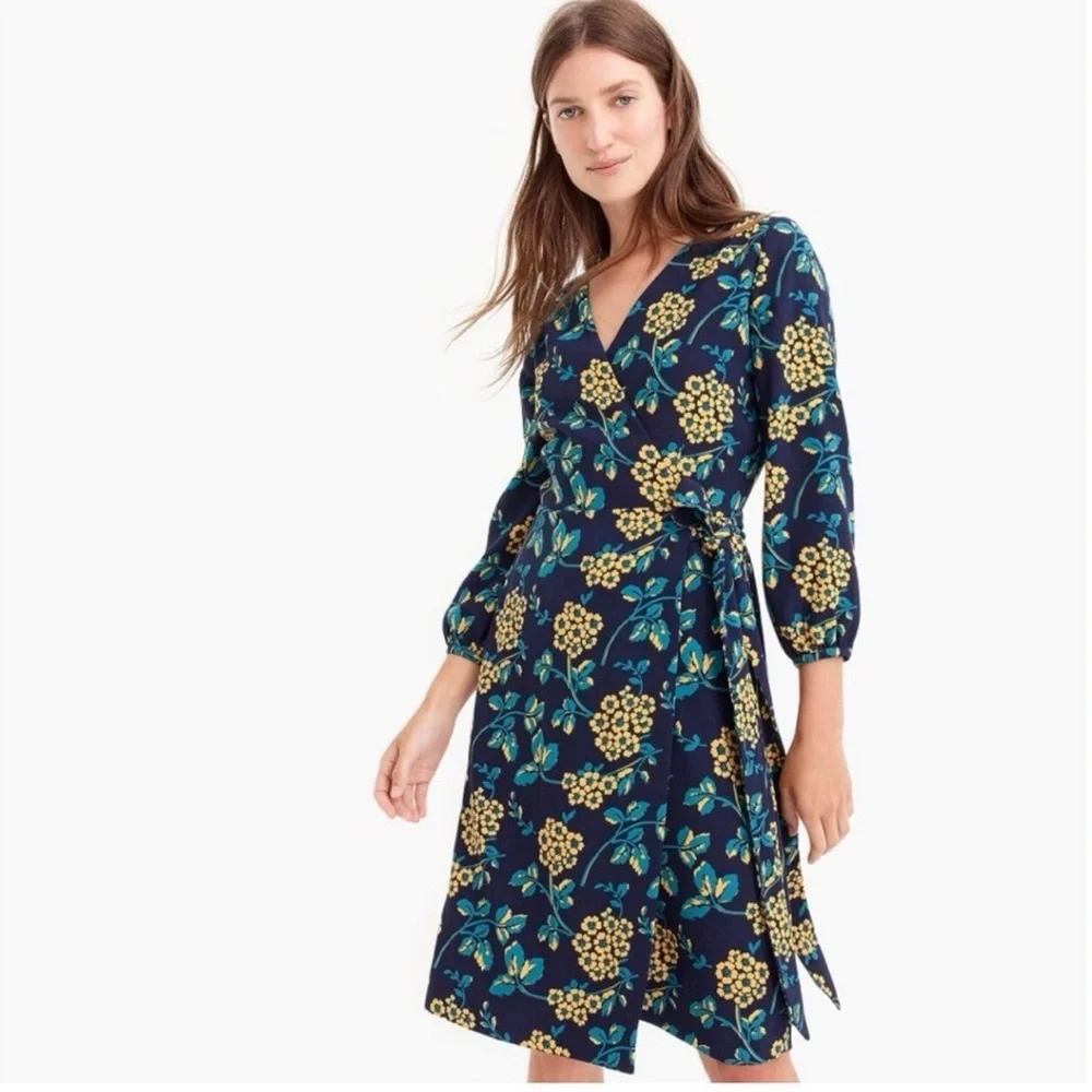 J.Crew Golden floral wrap dress in‎ 365 crepe Navy/Yellow mature office